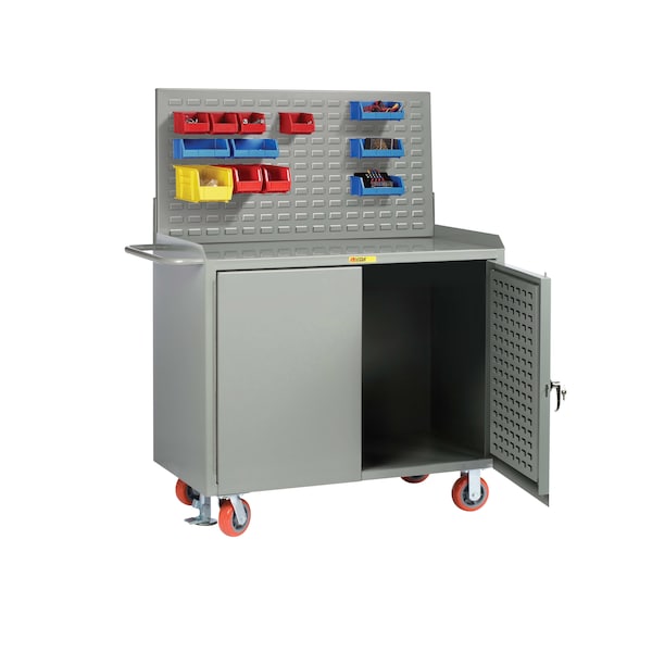 Mobile Bench Cabinets, 36"W, Louvered Panel Doors, Steel Top, Louvered